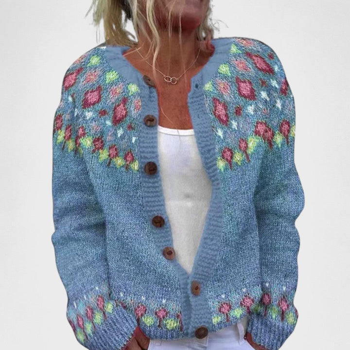 Women's patterned knitted cardigan with round neck, buttons and long sleeves