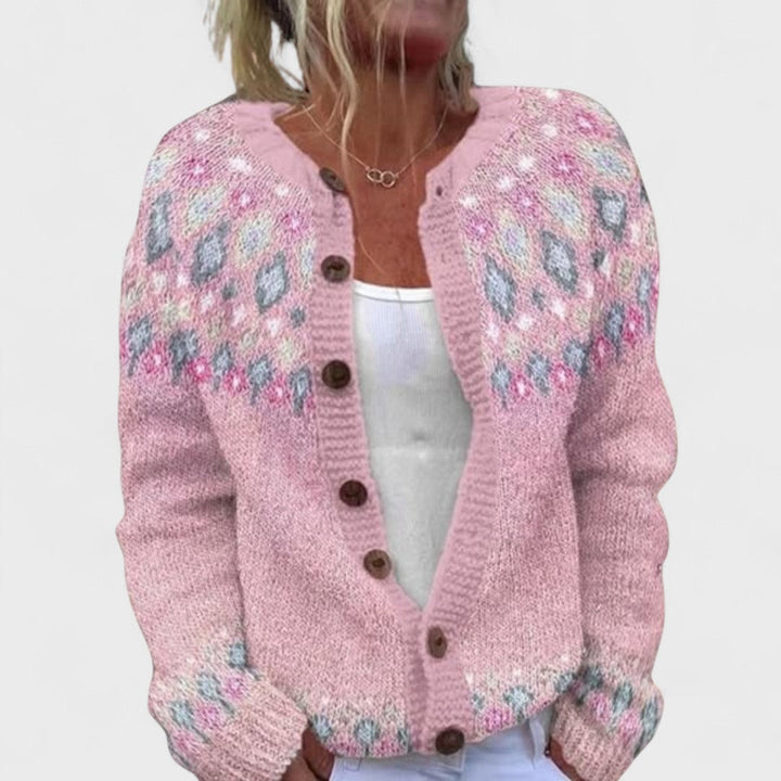 Women's patterned knitted cardigan with round neck, buttons and long sleeves