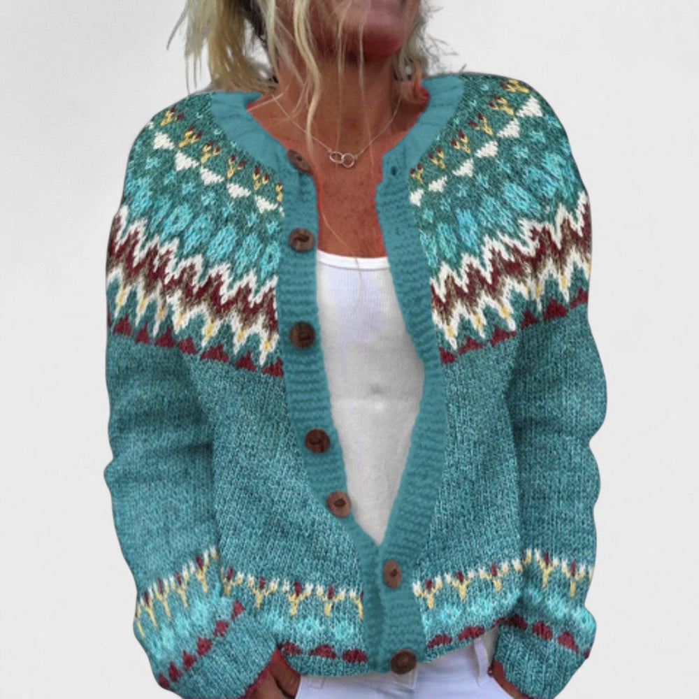 Women's patterned knitted cardigan with round neck, buttons and long sleeves