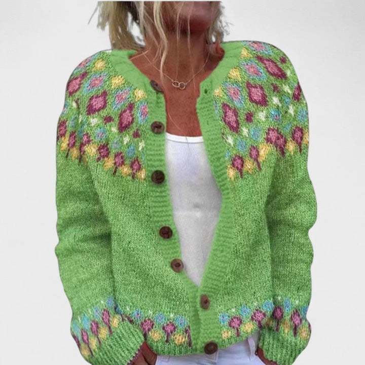Women's patterned knitted cardigan with round neck, buttons and long sleeves