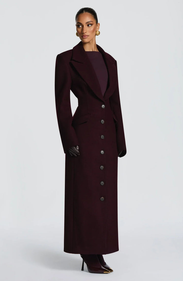 Women's burgundy tailored longline coat with notch lapels and button front