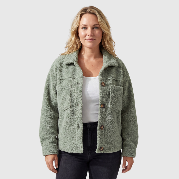 Women's textured fleece jacket with collar and button front