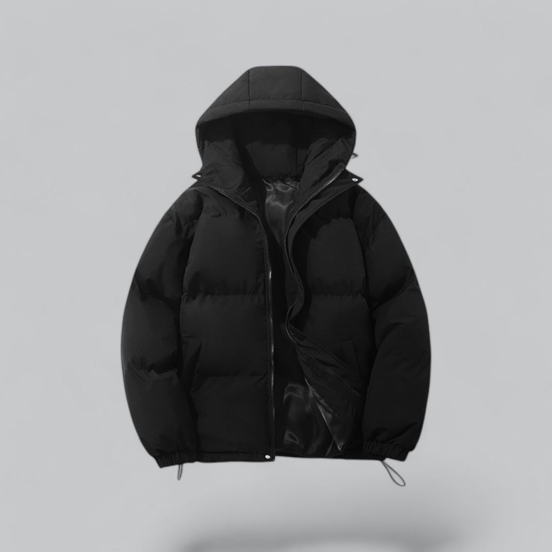 Men's quilted hooded parka jacket with zip front and drawstring hem