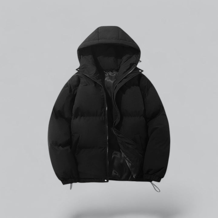 Men's quilted hooded parka jacket with zip front and drawstring hem