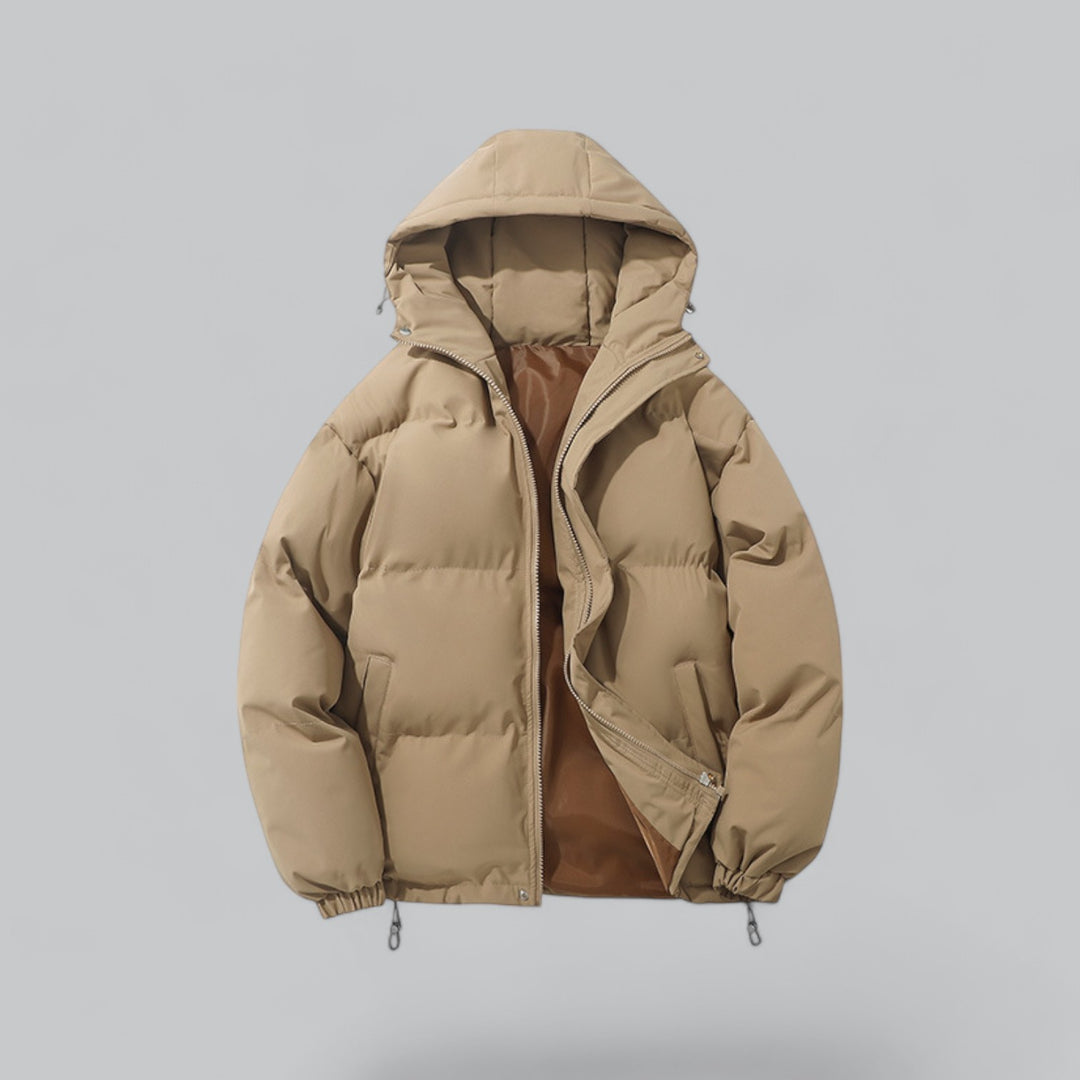 Men's quilted hooded parka jacket with zip front and drawstring hem