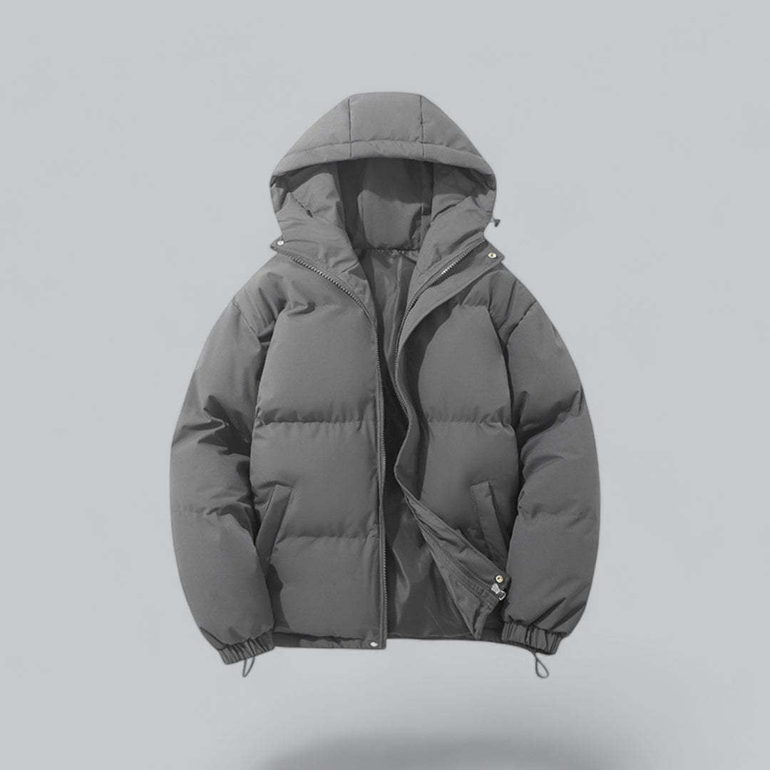 Men's quilted hooded parka jacket with zip front and drawstring hem