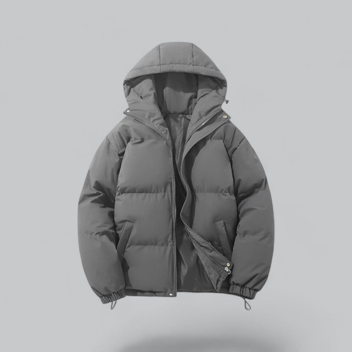 Men's quilted hooded parka jacket with zip front and drawstring hem