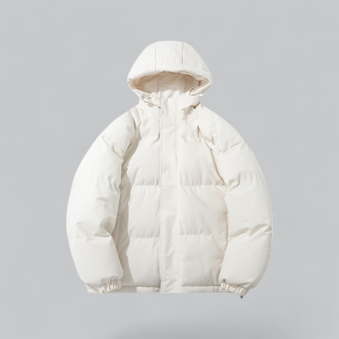 Men's quilted hooded parka jacket with zip front and drawstring hem