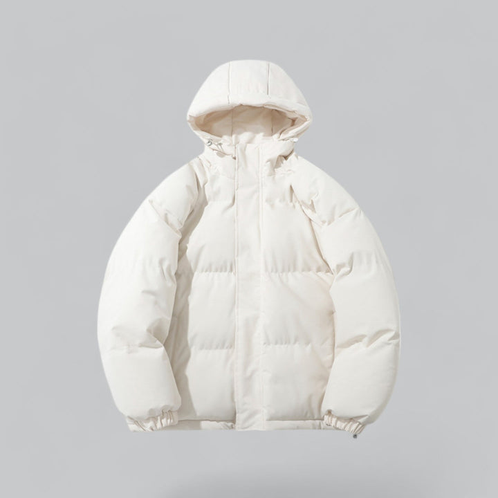 Men's quilted hooded parka jacket with zip front and drawstring hem