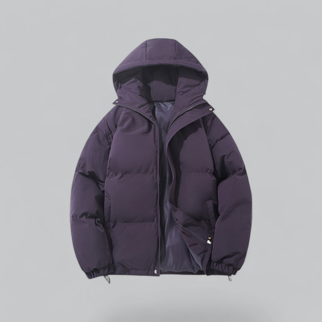 Men's quilted hooded parka jacket with zip front and drawstring hem