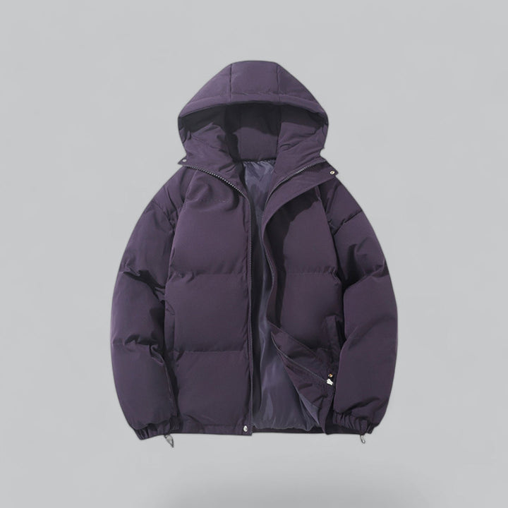 Men's quilted hooded parka jacket with zip front and drawstring hem