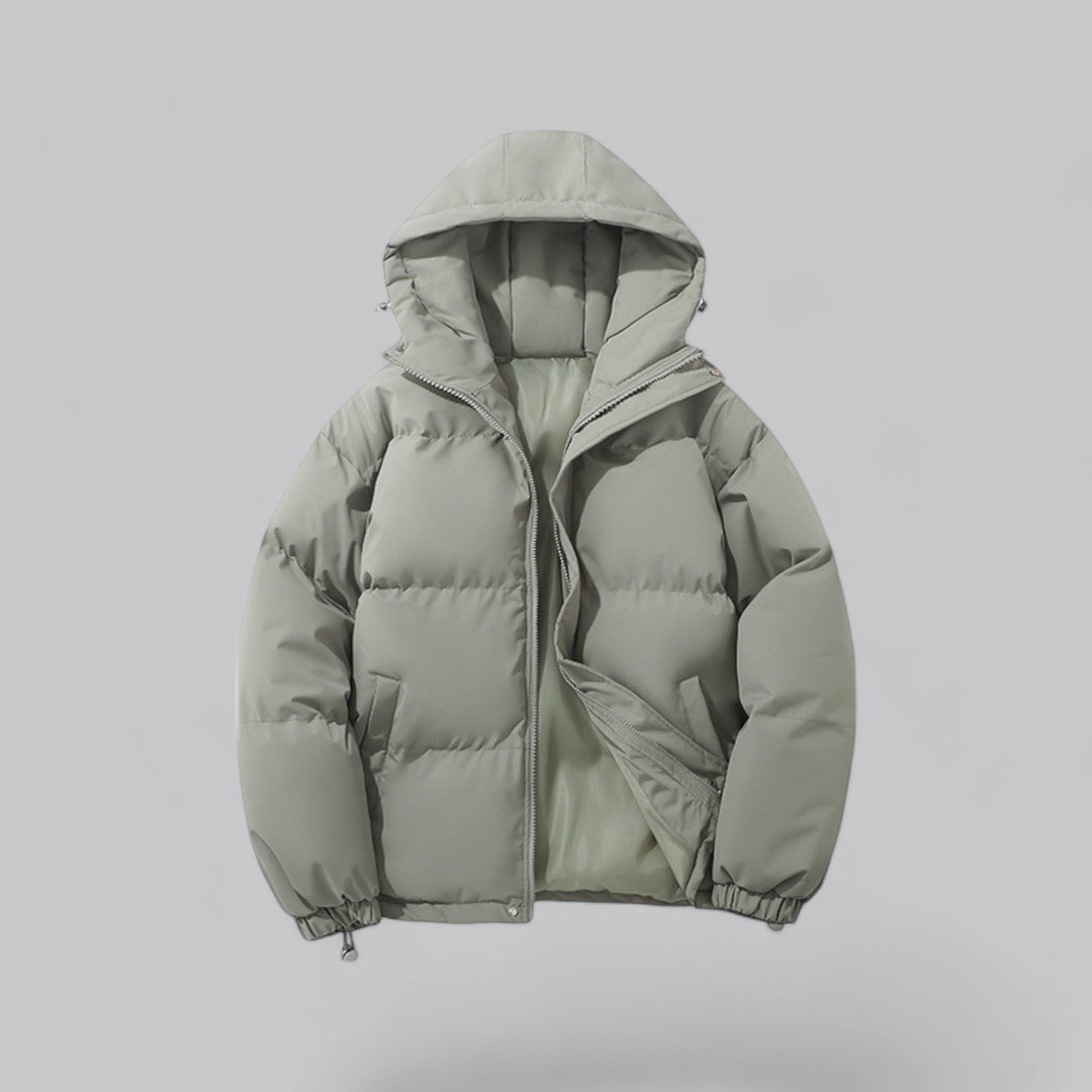Men's quilted hooded parka jacket with zip front and drawstring hem