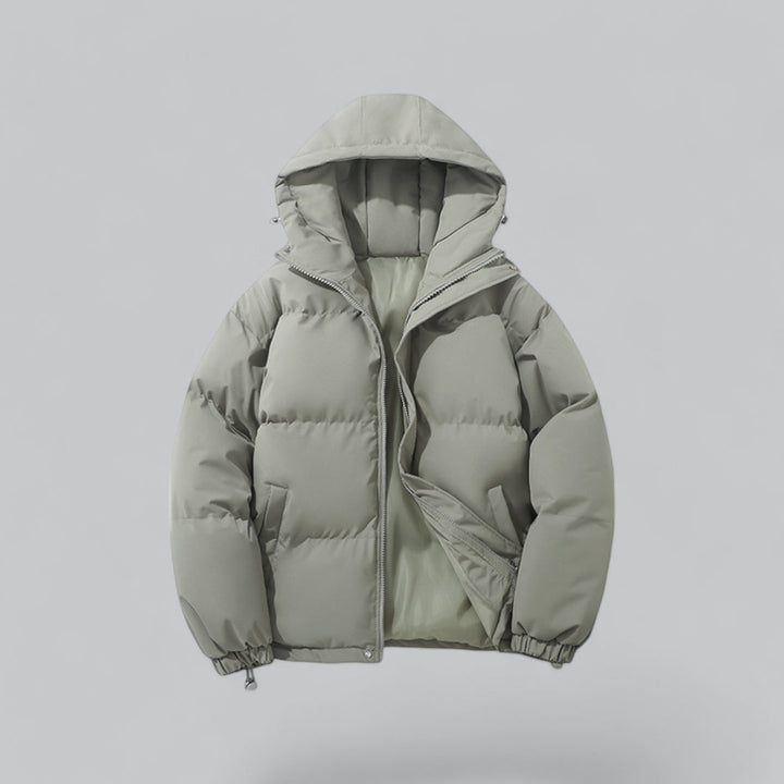 Men's quilted hooded parka jacket with zip front and drawstring hem