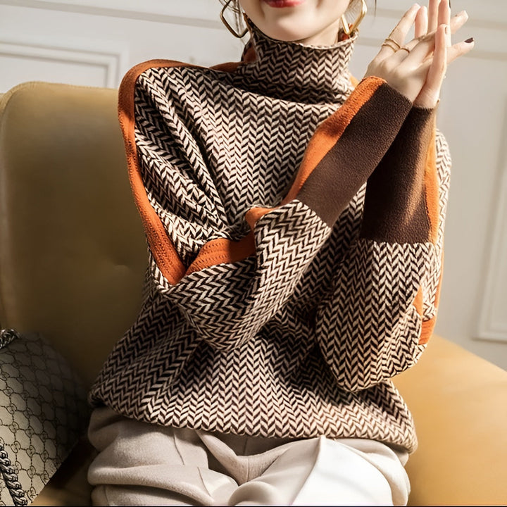 Women's herringbone turtleneck sweater with contrast trim