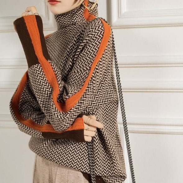 Women's herringbone turtleneck sweater with contrast trim