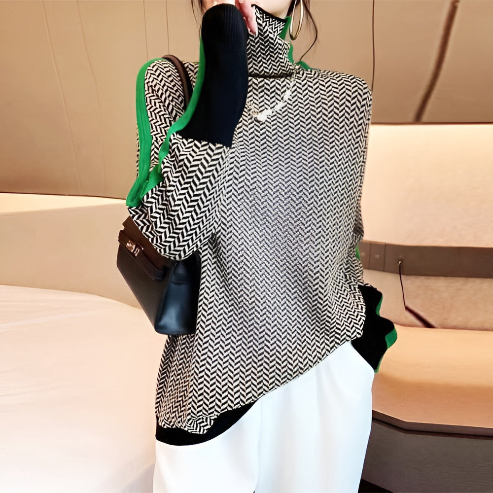 Women's herringbone turtleneck sweater with contrast trim