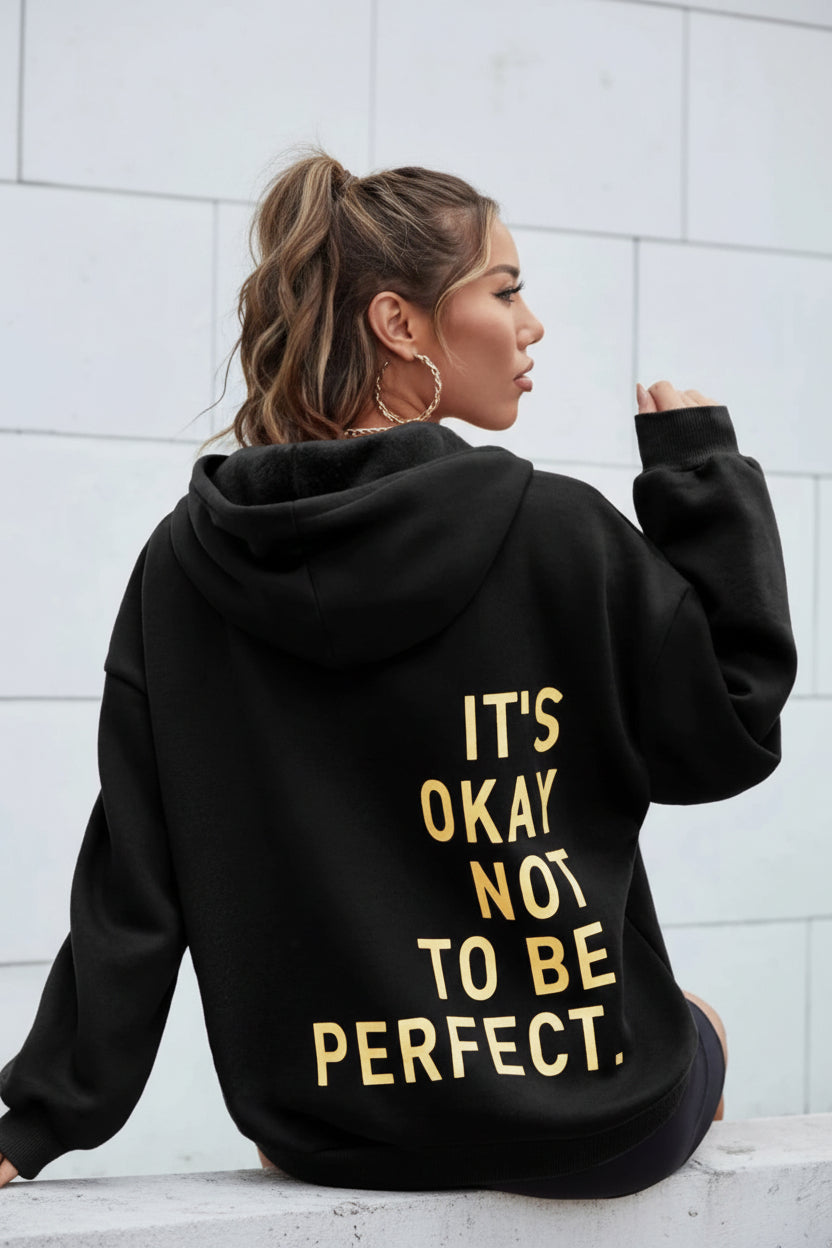 Women's long-sleeve hooded sweatshirt with stacked text graphic on the back
