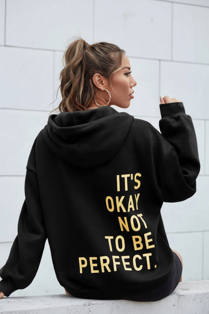 Women's long-sleeve hooded sweatshirt with stacked text graphic on the back