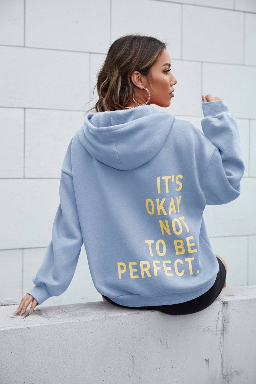 Women's long-sleeve hooded sweatshirt with stacked text graphic on the back