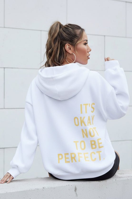 Women's long-sleeve hooded sweatshirt with stacked text graphic on the back