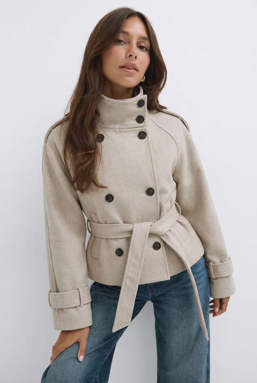 Women's belted double-breasted trench coat with high stand collar and cuff straps