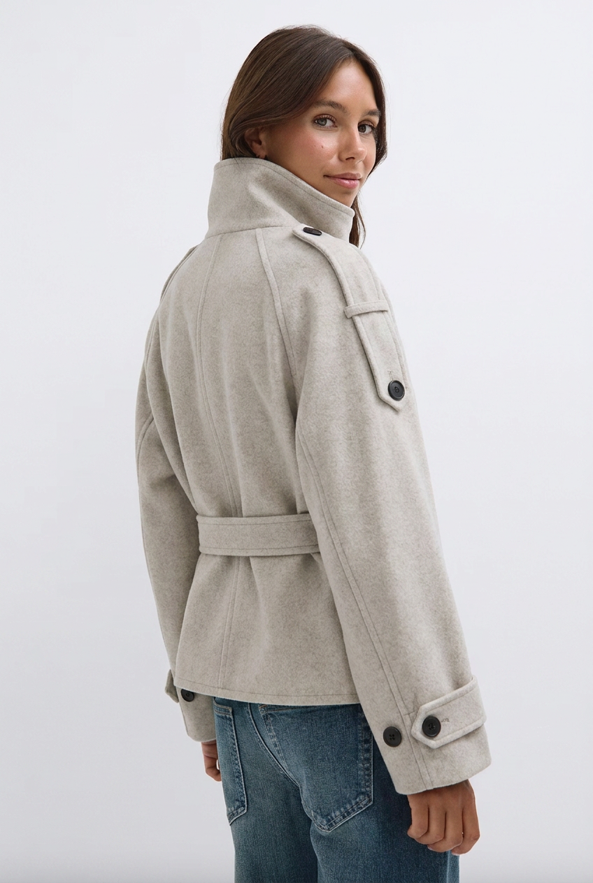 Women's belted double-breasted trench coat with high stand collar and cuff straps