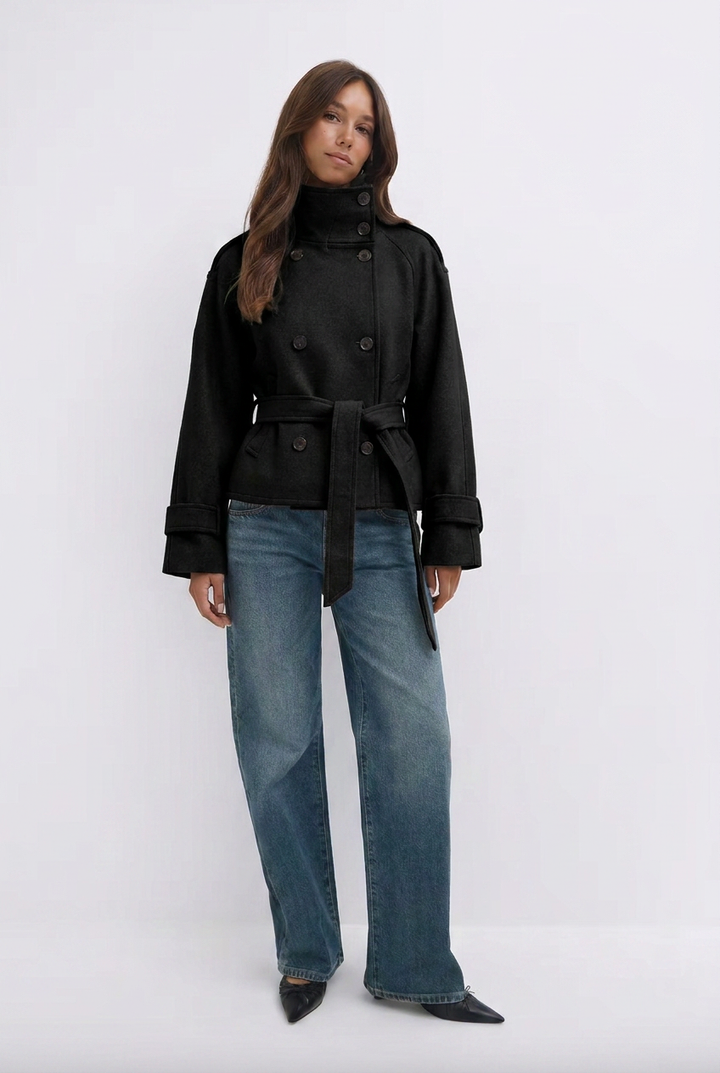 Women's belted double-breasted trench coat with high stand collar and cuff straps