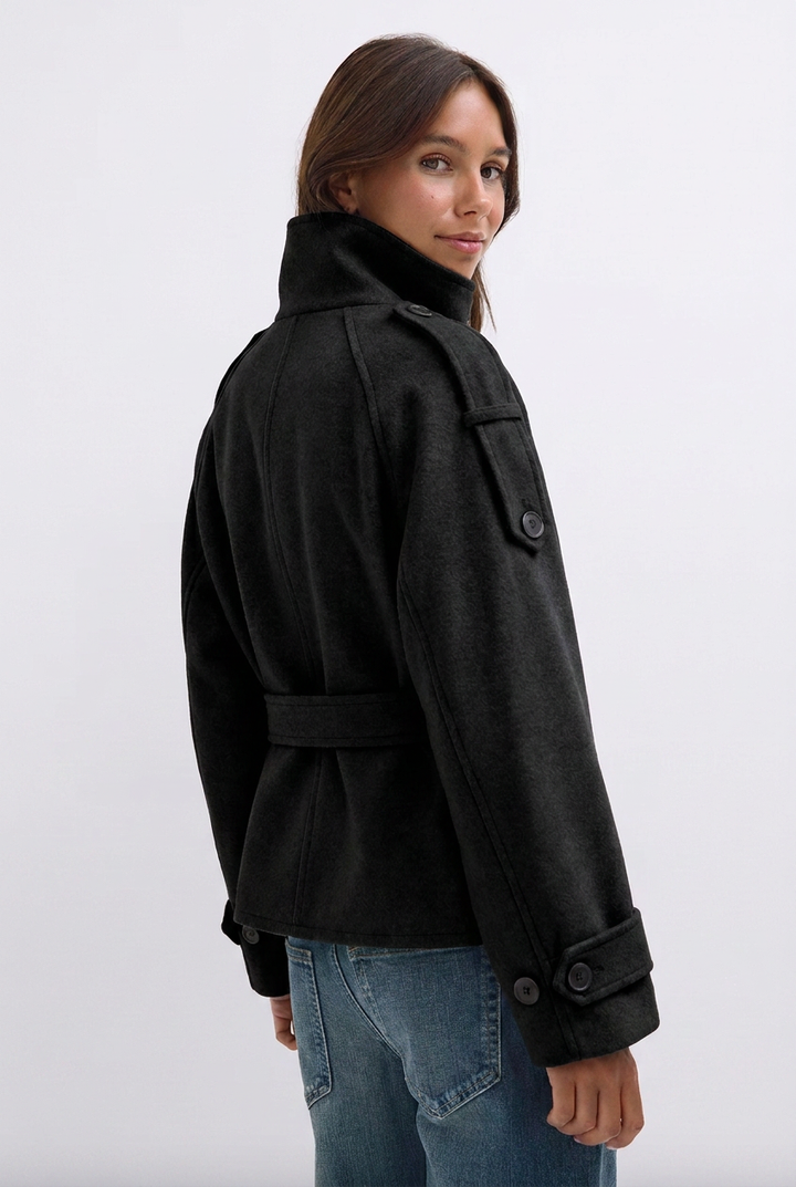 Women's belted double-breasted trench coat with high stand collar and cuff straps