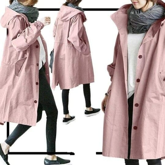 Women's hooded longline raincoat with button front and pockets