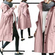 Women's hooded longline raincoat with button front and pockets