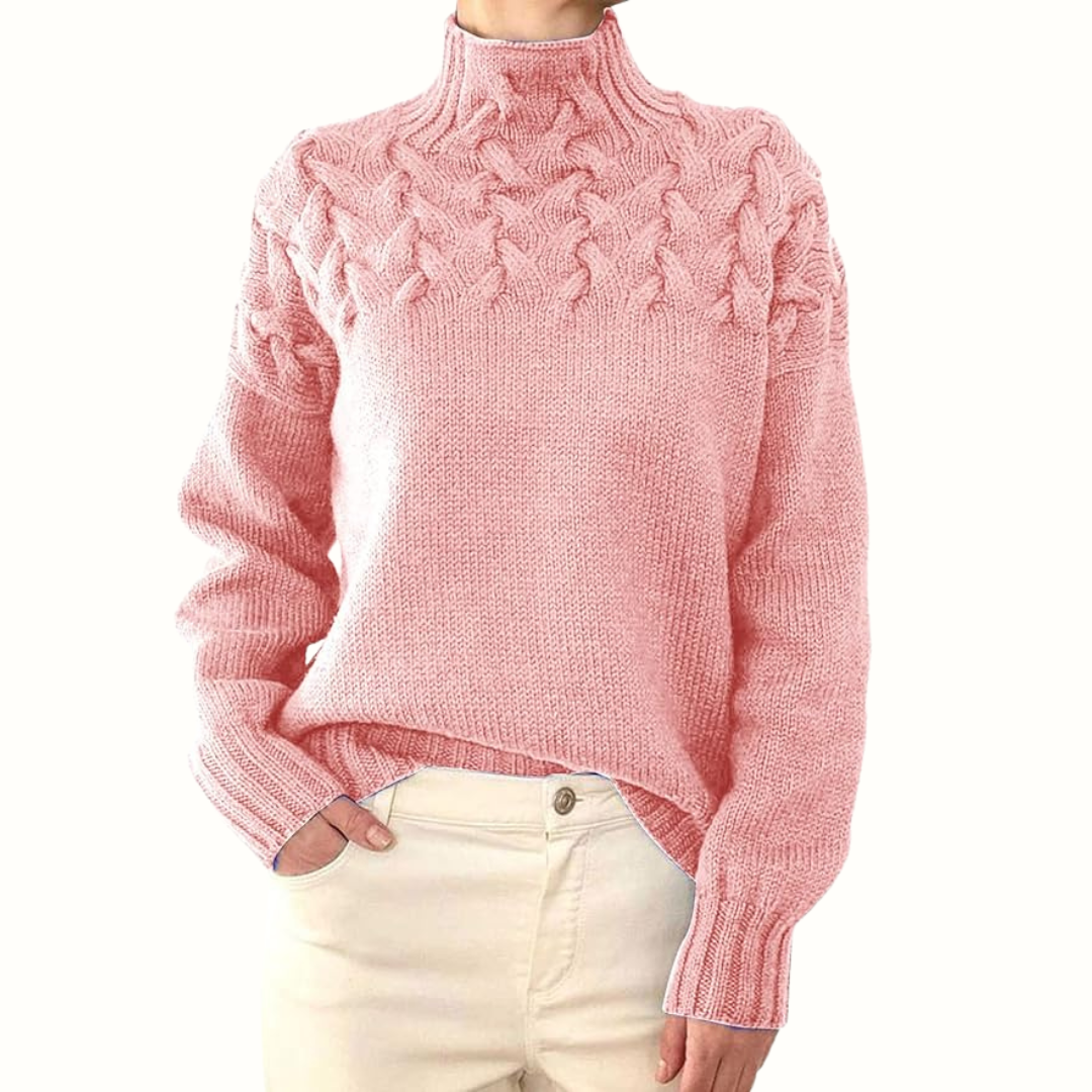 Women's cable knit turtleneck sweater with long sleeves and ribbed trims