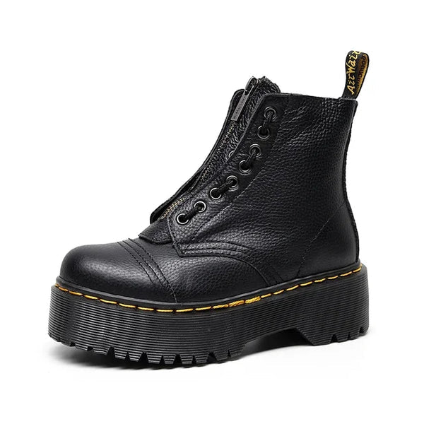 Women's black combat ankle boots with front zipper, laces and chunky platform soles