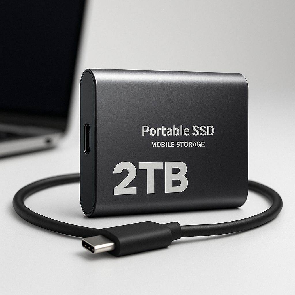 Portable 2TB external SSD with USB-C cable and rounded dark housing