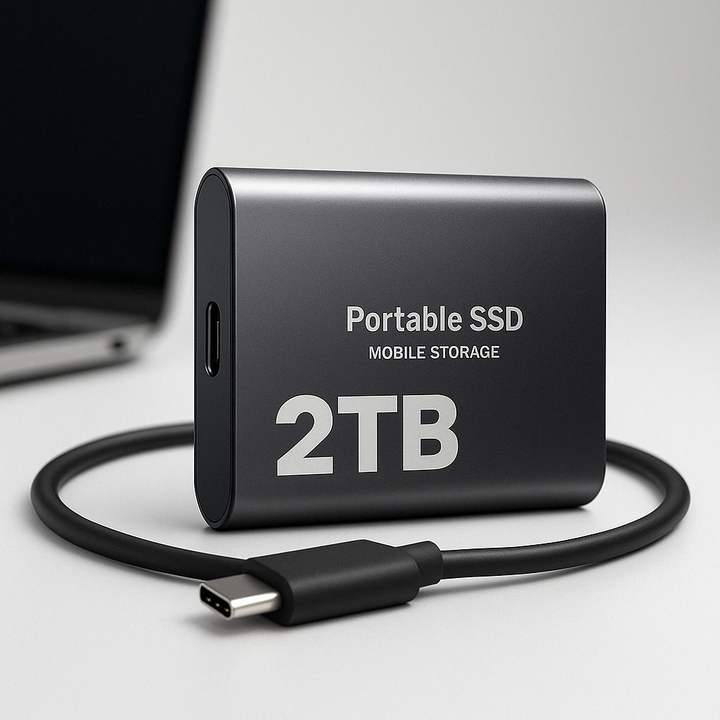 Portable 2TB external SSD with USB-C cable and rounded dark housing
