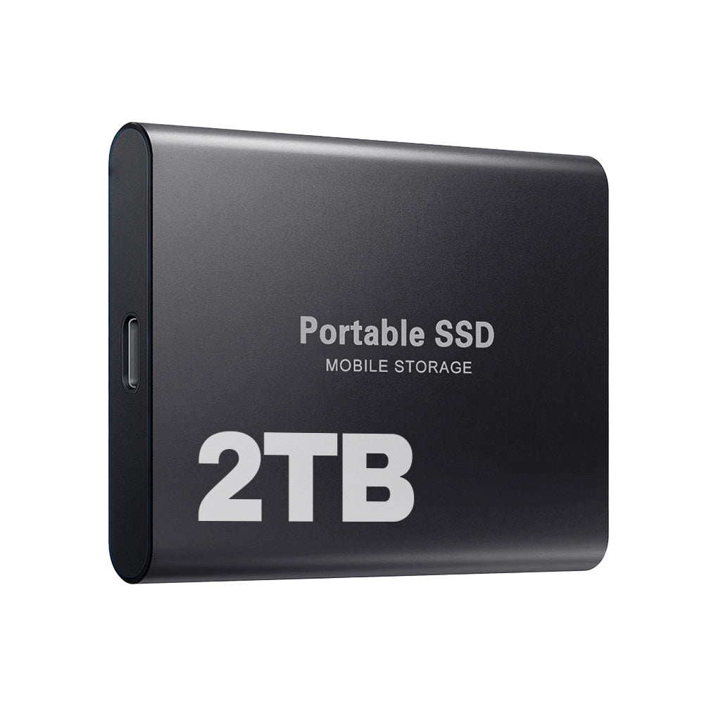 Portable 2TB external SSD with USB-C cable and rounded dark housing