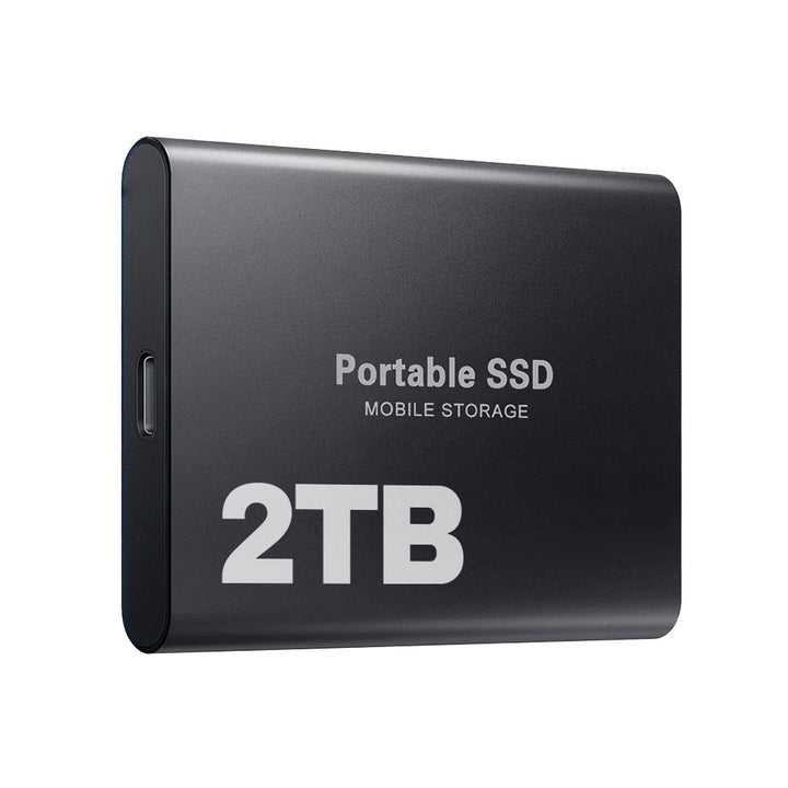 Portable 2TB external SSD with USB-C cable and rounded dark housing