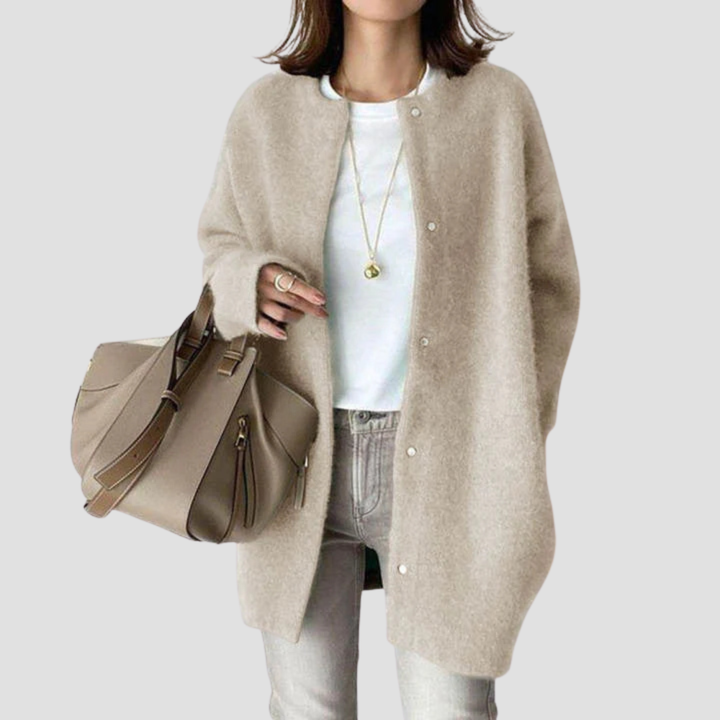 Women's long button front cardigan coat with round neck