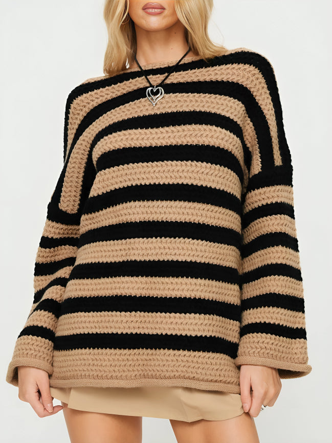 Women's chunky knit sweater with horizontal stripes and long sleeves
