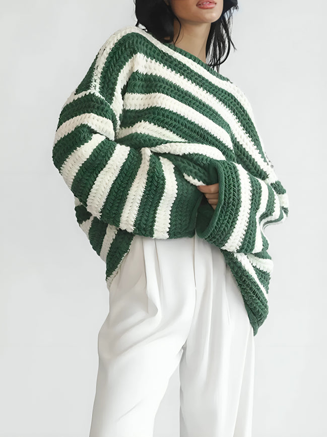 Women's chunky knit sweater with horizontal stripes and long sleeves