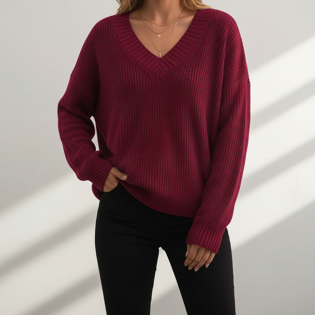 Women's V-neck pullover sweater with long sleeves and ribbed trim