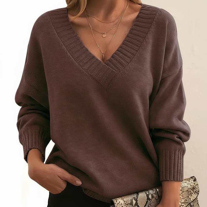 Women's V-neck pullover sweater with long sleeves and ribbed trim