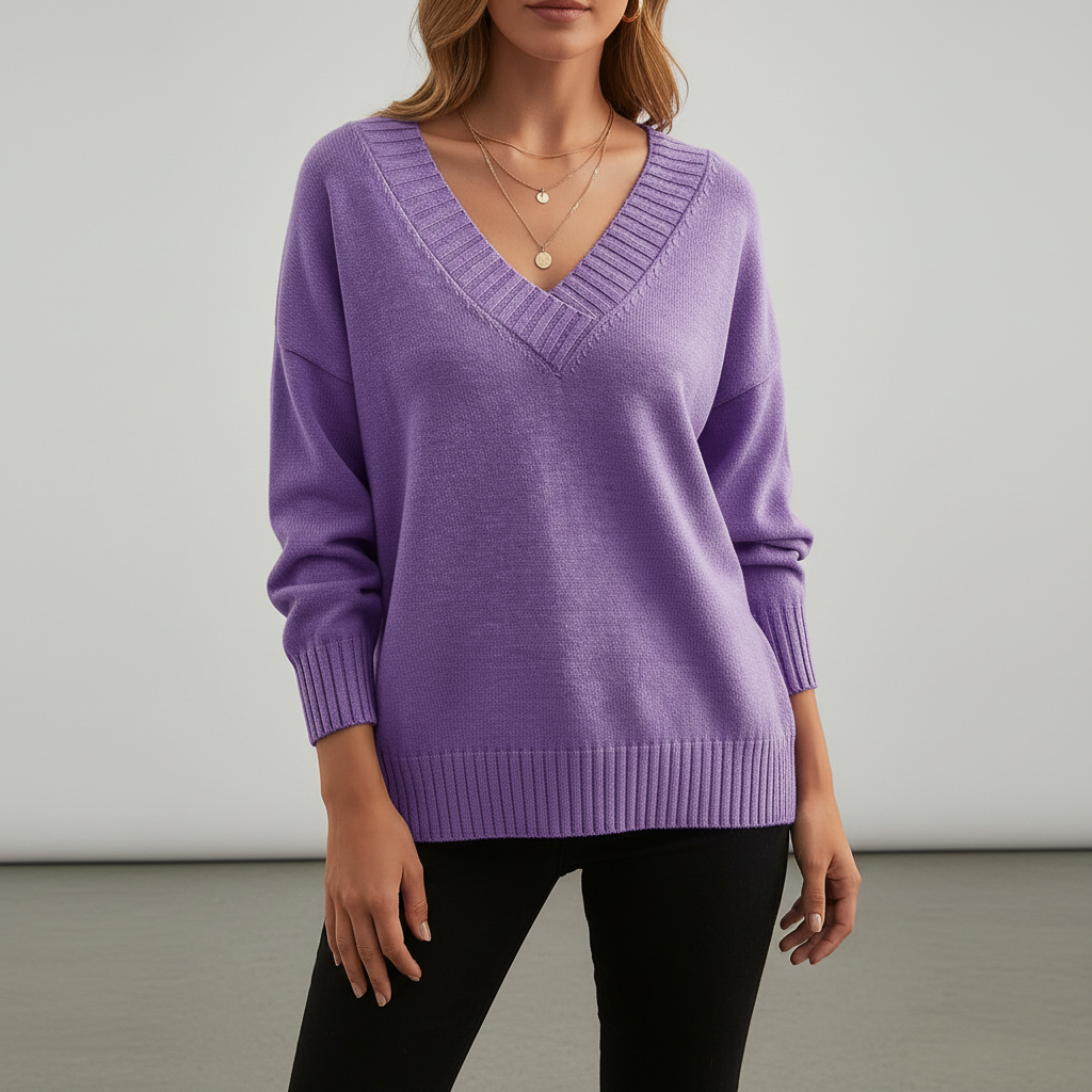 Women's V-neck pullover sweater with long sleeves and ribbed trim