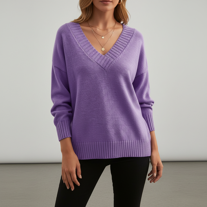 Women's V-neck pullover sweater with long sleeves and ribbed trim