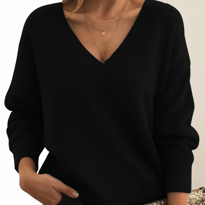 Women's V-neck pullover sweater with long sleeves and ribbed trim