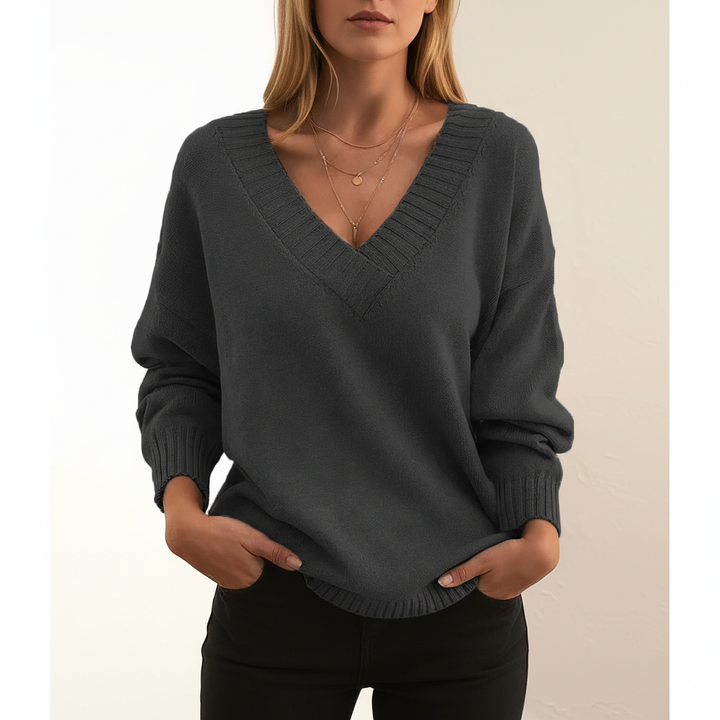 Women's V-neck pullover sweater with long sleeves and ribbed trim