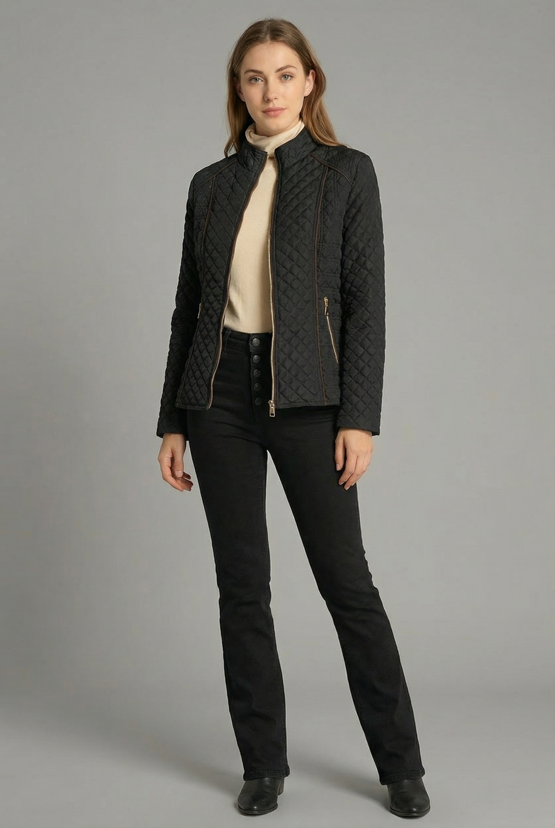 Women's black diamond quilted jacket with stand collar and zip pockets