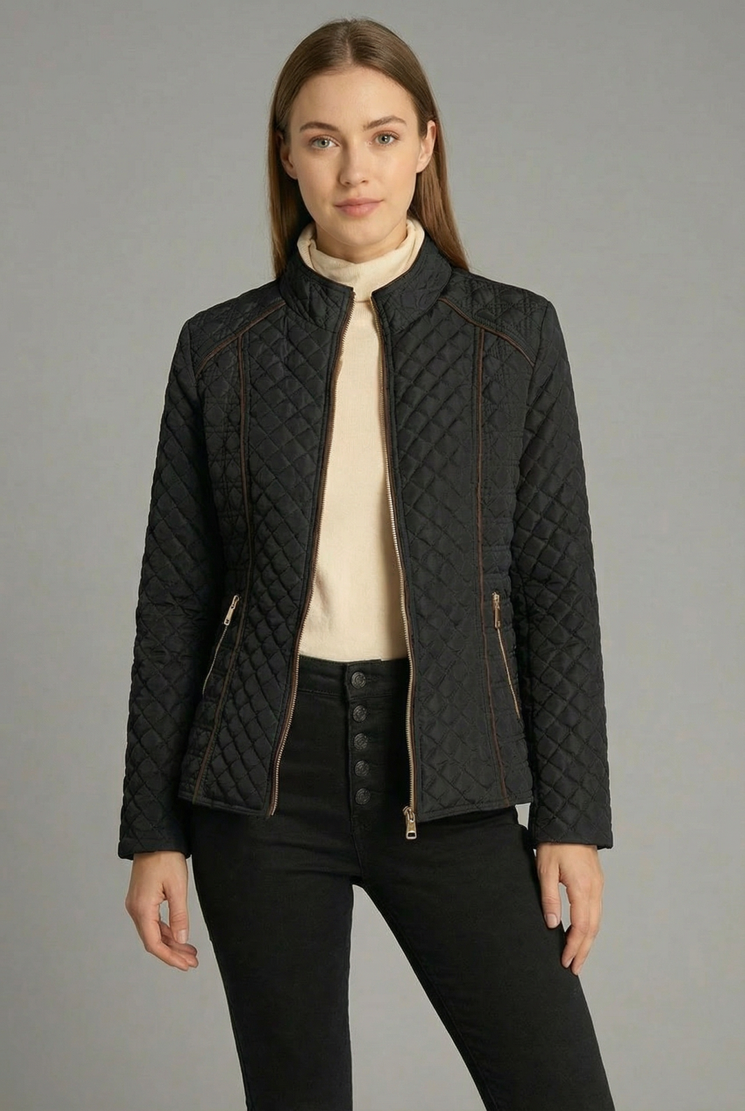 Women's black diamond quilted jacket with stand collar and zip pockets