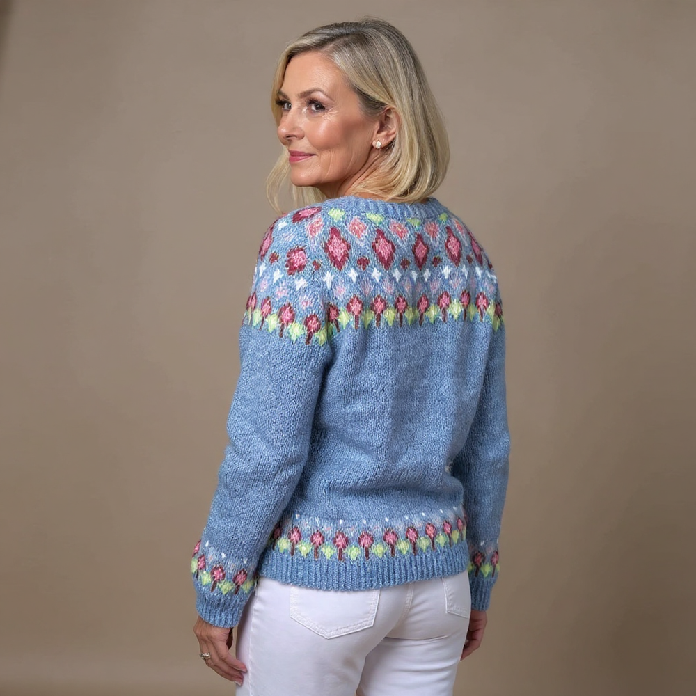 Women's blue floral button cardigan with long sleeves and patterned trims