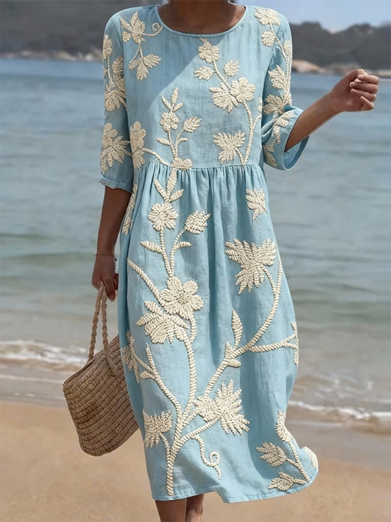Embroidered Floral Midi Dress for Women, Gathered Waist