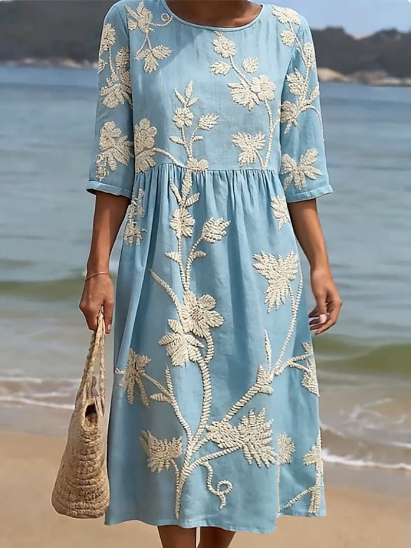 Women's Blue Embroidered Midi Dress, 3/4 Sleeve